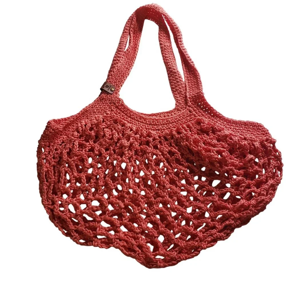 Handmade Crochet Mesh Market Bag Coral Pink Cotton Farmers Market Reusable Beach